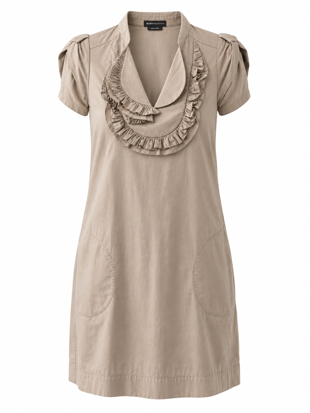 BCBGMAXAZRIA Ruffle Neck Shift Dress – Taupe/Beige – Size Small - Picture 3 of 9